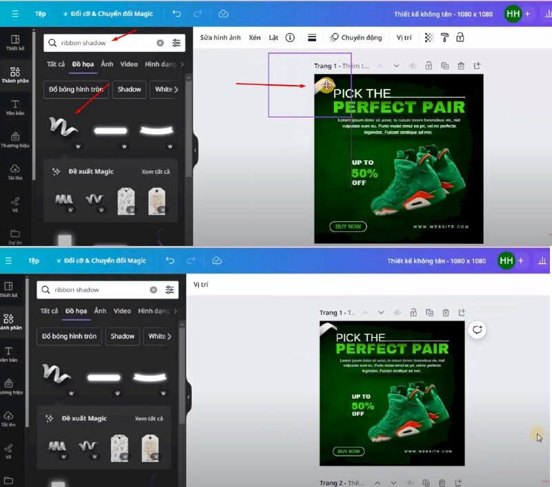 Bước 13: Cuối cùng hãy tìm từ khóa "ribbon shadow" > thêm mẫu này vào thiết kế và kéo điều chỉnh như thế này.