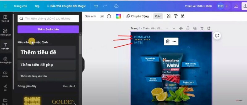 Bước 14: Tiếp đến bấm vào Văn bản > Chọn Thêm tiêu đề > Nhập nội dung vào, di chuyển đến vị trí này và thực hiện điều chỉnh phông chữ, kích thước, đổi màu chữ như sau 