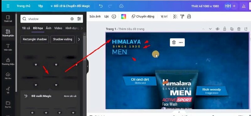 Bước 15: Sau đó hãy vào thành phần > Bấm tìm kiếm từ khóa "shadow " > bấm qua mục Đồ họa > chọn mẫu "border shadow horizontal" để thêm vào thiết kế  > kéo điều chỉnh kích thước, di chuyển đến vị trí này.