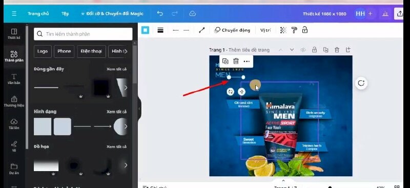 Bước 16: Bây giờ mình sẽ bấm vào thành phần chọn thêm đường kẻ vào thiết kế, thực hiện thay đổi màu sắc đường kẻ, độ đậm của đường, di chuyển lên đây và thực hiện điều chỉnh 
