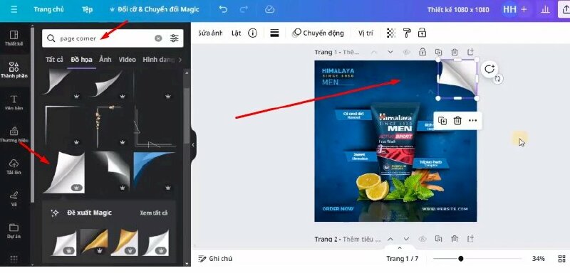 Bước 18: Cuối cùng hãy vào mục thành phần tìm kiếm từ khóa "page corner" thêm vào thiết kế và thực hiện điều chỉnh.