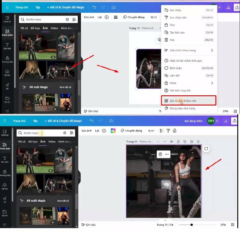 Bước 2: Đầu tiên bạn hãy vào mục Thành phần và tìm từ khóa "battle ropes" > Chọn tấm ảnh để thêm vào thiết kế  > Nhấn chuột phải > Chọn Đặt hình ảnh làm nền. Sau đó thực hiện kéo điều chỉnh tấm ảnh lại. 