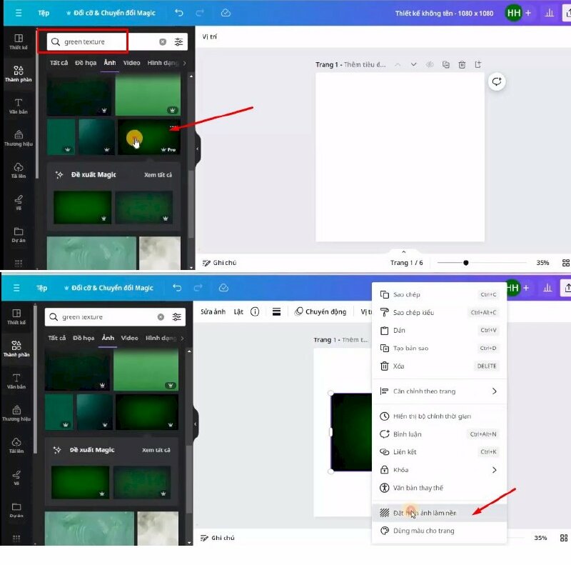 Bước 2: Đầu tiên bạn hãy vào mục Thành phần và tìm từ khóa "green texture " > Bấm qua mục ảnh > Chọn ảnh để thêm vào thiết kế  > Nhấn chuột phải > Chọn Đặt hình ảnh làm nền.
