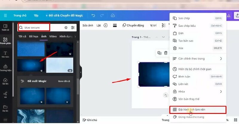 Bước 2: Đầu tiên bạn hãy vào mục Thành phần và tìm từ khóa "blue texture" > bấm qua mục Ảnh > chọn tấm ảnh này để thêm vào thiết kế  > Nhấn chuột phải > Chọn Đặt hình ảnh làm nền.