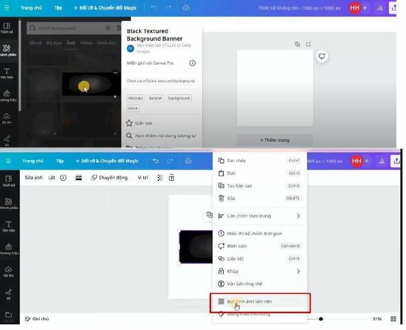Bước 2: Đầu tiên bạn hãy vào mục Thành phần và tìm từ khóa "black background" > Bấm qua mục Ảnh > Chọn tấm ảnh để thêm vào thiết kế  > Nhấn chuột phải > Chọn Đặt hình ảnh làm nền 