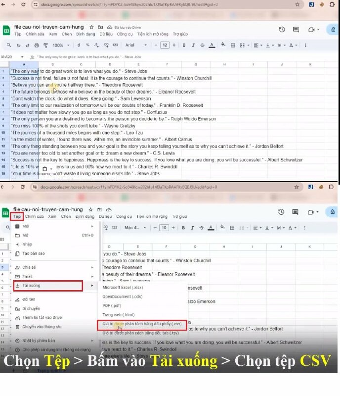 Bước 2: Tiếp theo mình sẽ copy nội dung và dán vào Google Trang tính > Rồi lưu tệp này về máy dưới dạng tệp CSV bằng cách bấm vào Tệp > bấm vào tải xuống > chọn tệp CSV.