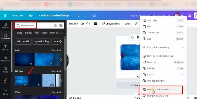 Bước 2: Đầu tiên bạn hãy vào mục Thành phần và tìm từ khóa "blue texture " > Chọn tấm ảnh để thêm vào thiết kế  > Nhấn chuột phải > Chọn Đặt hình ảnh làm nền.