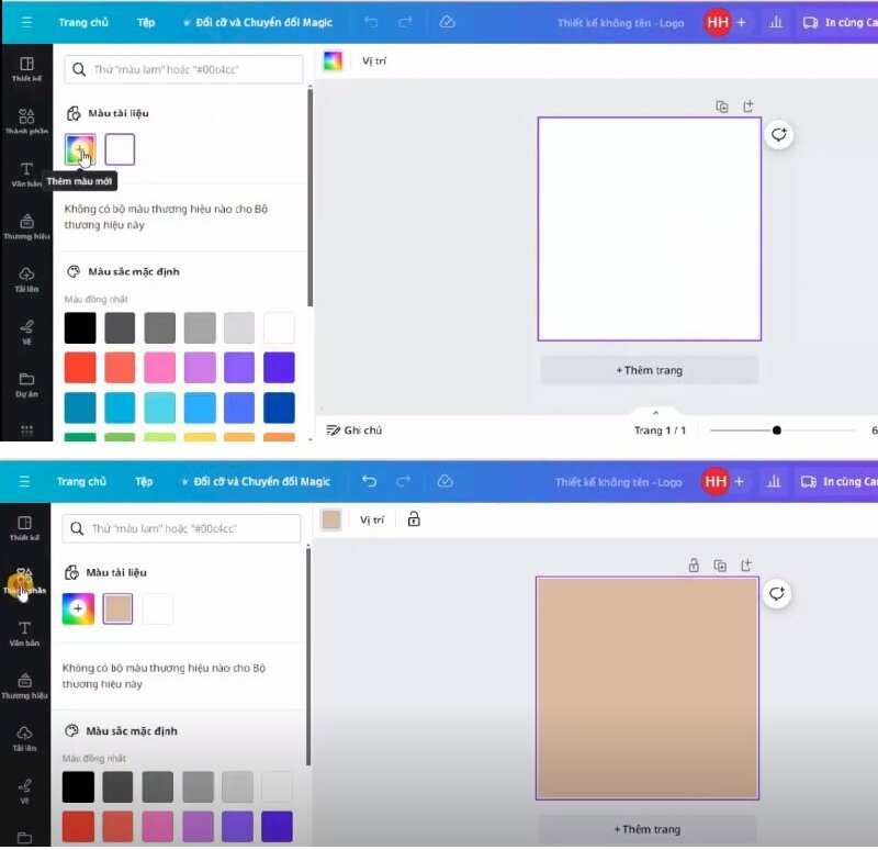 Bước 2: Đầu tiên các bạn hãy thay đổi màu nền cho thiết kế bằng cách bấm vào nền và bấm vào ô màu nền > bấm vào ô dấu + để chọn màu nền mà bạn thích