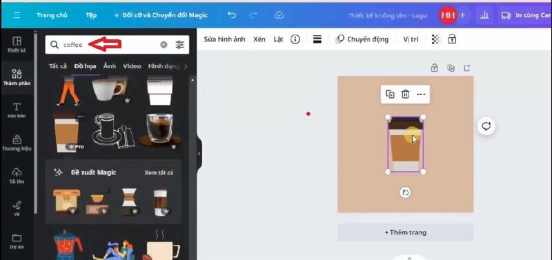 Bước 3: Tiếp đến hãy vào Thành phần và gõ tìm từ khóa coffee > bấm qua mục Đồ họa và chọn hình ly cà phê mà bạn thích. 