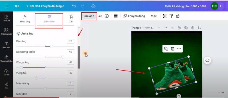 Bước 3: Tiếp đến bạn hãy bấm thêm hình sản phẩm giày thể thao vào thiết kế. Điều chỉnh kích thước, vị trí, xoay ảnh lại cho phù hợp. Sau đó bạn hãy bấm vào sửa ảnh > chọn Điều chỉnh > Thực hiện điều chỉnh như sau: