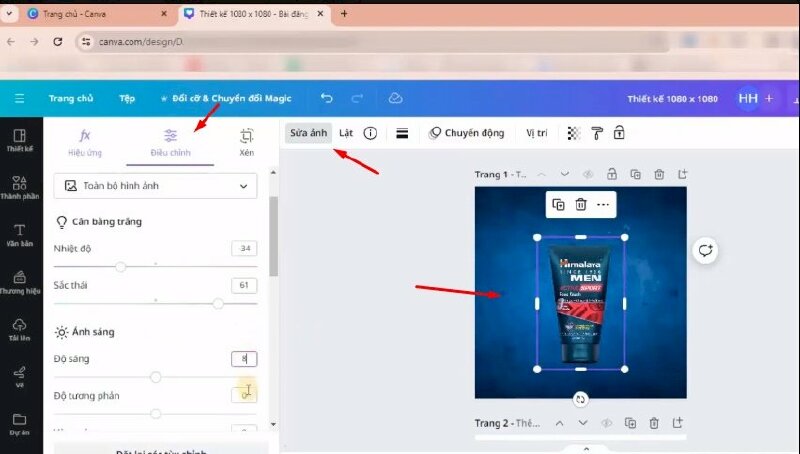 Bước 3: Tiếp đến bạn hãy bấm thêm hình sản phẩm sữa rửa mặt vào thiết kế > Bấm sửa ảnh > Chọn xóa nền. Điều chỉnh kích thước lại cho phù hợp.
