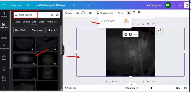 Bước 3: Tiếp đến bạn hãy tìm từ khóa "black texture" > Chọn tấm ảnh này để thêm vào thiết kế  > Thực hiện kéo to tấm ảnh ra > Thực hiện giảm độ trong suốt xuống 80.