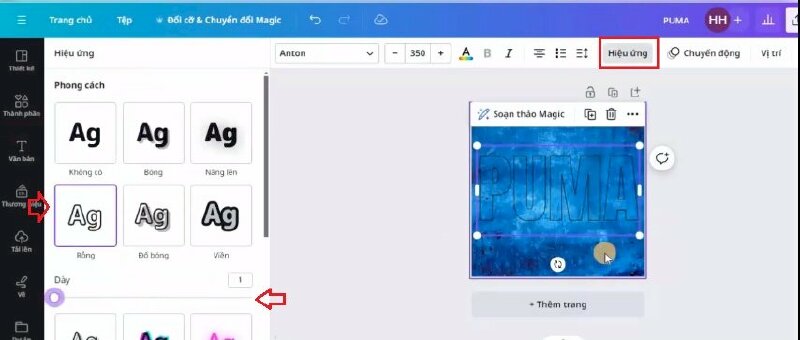 Bước 3: Tiếp đến bấm vào Văn bản > Chọn Thêm tiêu đề > Nhập nội dung vào và thực hiện điều chỉnh phông chữ, kích thước và vị trí như thế này. Rồi vào Hiệu ứng > Chọn Rỗng > Điều chỉnh độ dày về 1.