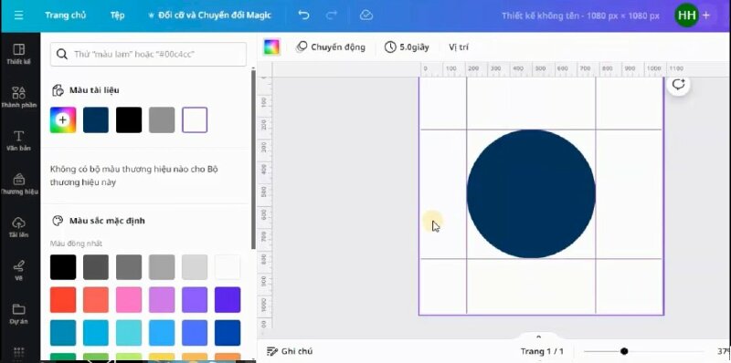 Bước 3: Đầu tiên chúng ta sẽ bấm vào Thành phần > Bấm vào Hình dạng > Chọn thêm hình tròn vào thiết kế > Bấm đổi màu hình tròn và thực hiện kéo hình tròn to ra. 