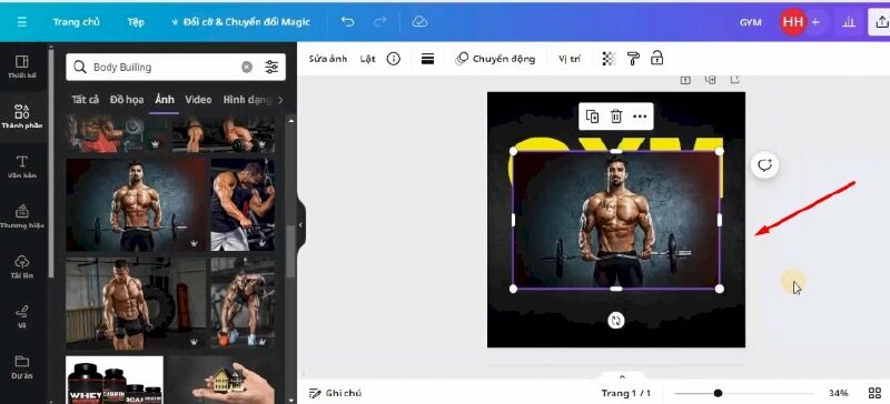 Bước 4: Sau đó hãy vào Thành phần và tìm kiếm từ khóa "Body Builing" > Chọn tấm ảnh phù hợp thêm vào thiết kế > Bấm vào dấu ba chấm > Chọn Lớp > Chọn Lên trước.