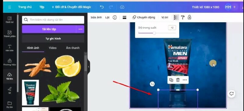 Bước 4: Bấm vào tạo bản sao > Bấm vào Lật > Chọn lật dọc > Kéo di chuyển xuống vị trí dưới và thực hiện điều chỉnh độ trong suốt xuống 42 để tạo hiệu ứng bóng đổ.