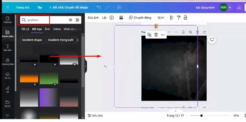 Bước 4: Sau đó tìm tìm từ khóa "gradient" > Bấm qua mục đồ họa > Chọn mẫu "Black Gradient Background" để thêm vào thiết kế > Xoay dọc tấm ảnh lại và đặt phía bên trái > Bấm vào dấu ba chấm và chọn lùi một lớp > Thực hiện kéo điều chỉnh kích thước.
