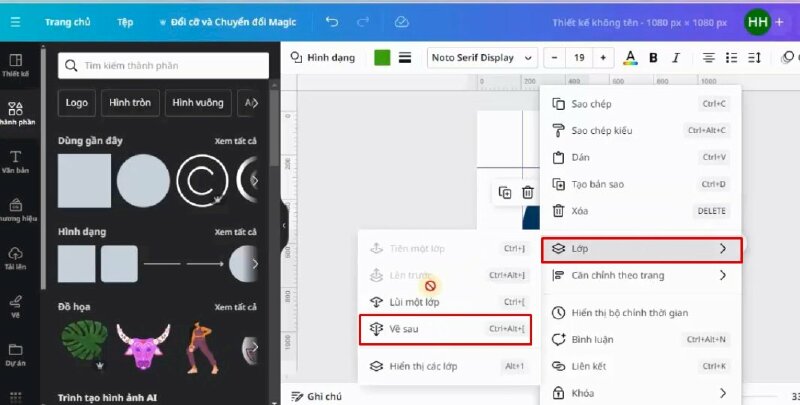 Kéo dài hình ra, sau đó bấm vào dấu ba chấm > chọn lớp > chọn lùi Về sau.