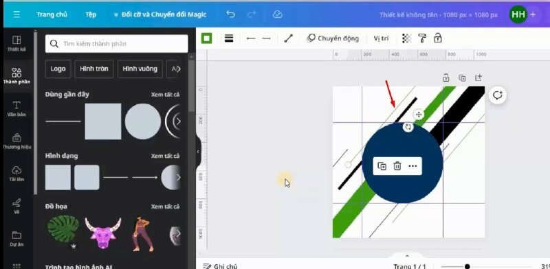 Tiếp tục nhân đôi đường kẻ xanh phía dưới và di chuyển lên trên > bấm di chuyển lùi về phía sau hình tròn.