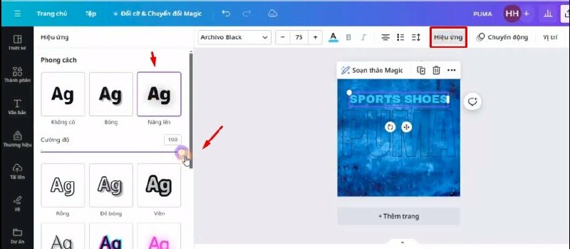 Bước 4: Bấm vào Văn bản > Chọn Thêm tiêu đề > Nhập nội dung vào và thực hiện điều chỉnh phông chữ, kích thước và vị trí. Sau đó bấm vào Hiệu ứng > Chọn Nâng lên và điều chỉnh cường độ 100.