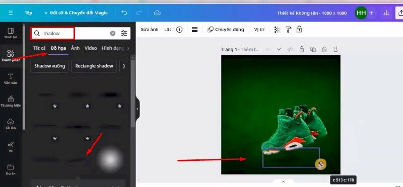 Bước 4: Sau đó hãy tìm từ khóa "shadow" > Bấm qua mục đồ họa > Chọn mẫu bóng đổ để thêm vào thiết kế > Kéo di chuyển đến vị trí dưới giày và thực hiện kéo điều chỉnh để tạo hiệu ứng bóng cho đôi giày.