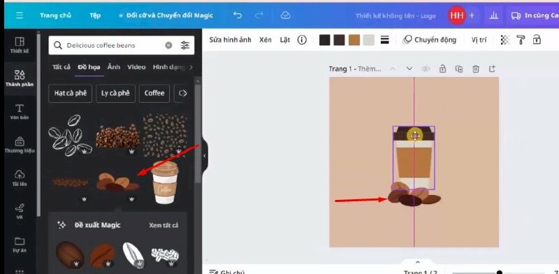 Bước 4: Sau đó bạn hãy vào Thành phần và gõ tìm từ khóa "Delicious coffee beans" để tìm hình hạt cà phê > Chọn hình mà bạn thích.