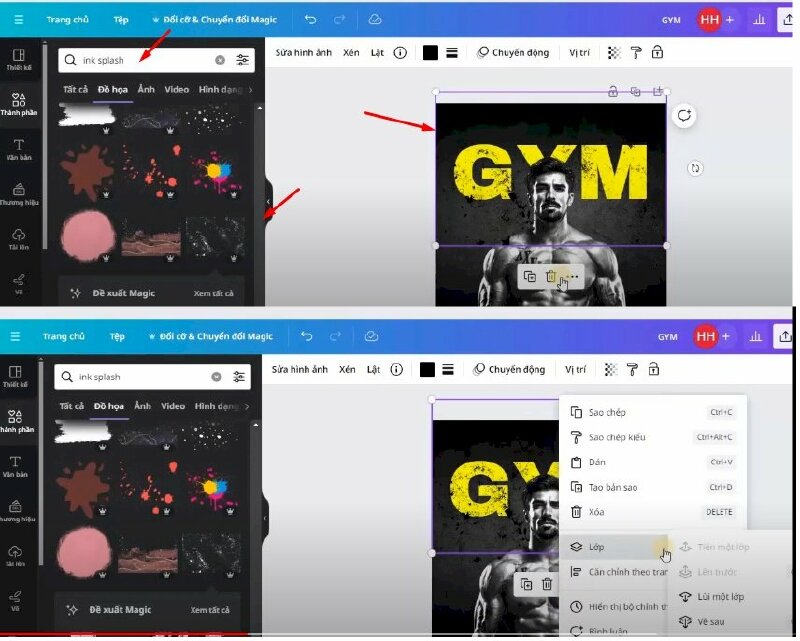 Bước 6: Tiếp đến hãy vào Thành phần và tìm kiếm từ khóa "ink splash" > Chọn mẫu phù hợp để thêm vào thiết kế > Thực hiện kéo to ra để phủ lên lớp chữ phía sau > Xong hãy Bấm lùi về phía sau một lớp.
