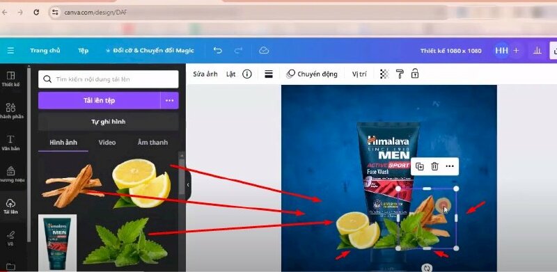 Bước 5: Sau đó bạn hãy bấm thêm các hình ảnh vào thiết kế kéo điều chỉnh kích thước nhỏ lại và di chuyển đến các vị trí phù hợp.