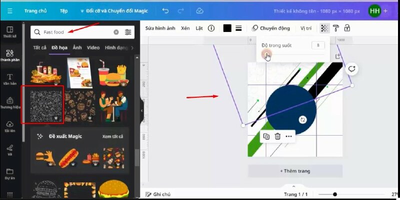 Bước 5: Tiếp đến hãy vào Thành phần > Bấm tìm từ Fast food > Bấm qua mục Đồ họa > chọn mẫu này thêm vào thiết kế > kéo to ra, xoay và đặt vào vị trí này. Xong hãy giảm độ trong suốt xuống