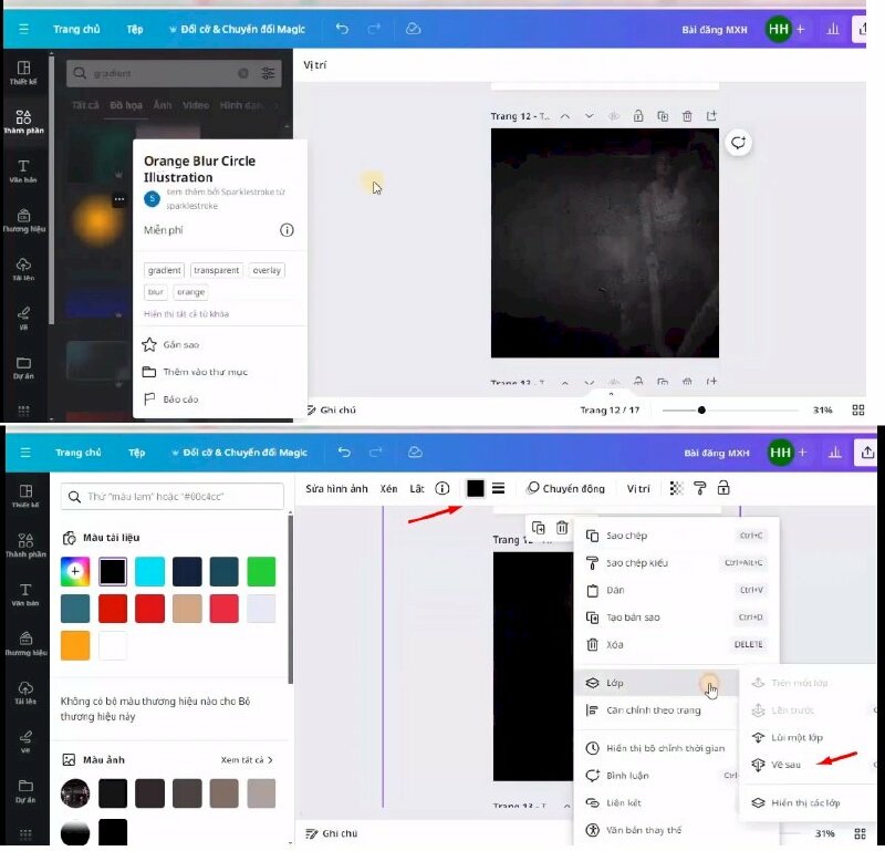 Bước 5: Tiếp đến bấm thêm mẫu "Orange Blur Circle Illustration" vào thiết kế > Đổi màu thành màu đen > Kéo kích thước to ra > di chuyển lên vị trí này và bấm lùi về sau. 