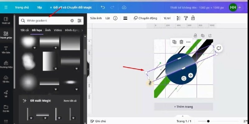 Xong hãy tìm kiếm từ White gradient > Bấm qua mục Đồ họa > chọn mẫu này thêm vào thiết kế > thực hiện điều chỉnh và kéo dài ra và di chuyển xuống phía sau hình tròn để làm hiệu ứng mờ dần cho ảnh Fast food phía dưới.