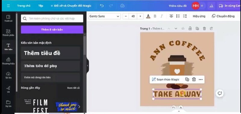 Bước 6: Tiếp đến mình sẽ bấm vào Văn bản > bấm thêm tiêu đề để thêm nội dung vào và thực hiện đổi phông chữ, màu chữ, kích thước cho phù hợp.
