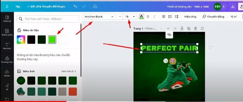 Bước 5: Tiếp đến bấm vào Văn bản > Chọn Thêm tiêu đề > Nhập nội dung vào và thực hiện điều chỉnh phông chữ thành phông  Archivo Black, kích thước là 78, màu chữ (#4BFF00) và vị trí cho phù hợp.