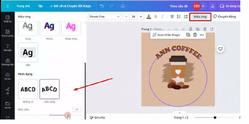 Sau đó mình sẽ vào phần Hiệu ứng > Chọn Uốn cong > bạn có thể điều chỉnh góc uốn tại đây sao cho phù hợp. xong hãy điều chỉnh giãn cách chữ cho phù hợp. Mình sẽ thêm hiệu ứng bóng đổ cho chữ.
