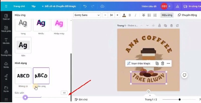 Sau đó mình sẽ vào phần Hiệu ứng > chọn uốn cong > bạn thực kiện kéo Góc uốn sang bên trái để chữ cong lên bên trên > xong hãy điều chỉnh giãn cách chữ cho phù hợp. Mình sẽ thêm hiệu ứng này cho chữ. 