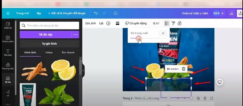 Bước 6: Bấm chọn 2 hình này và nhóm lại > Bấm tạo bản sao > Bấm vào lật, chọn lật dọc để lật tấm ảnh lại > Sau đó kéo di chuyển xuống vị trí này > Và thực hiện điều chỉnh độ trong suốt.
