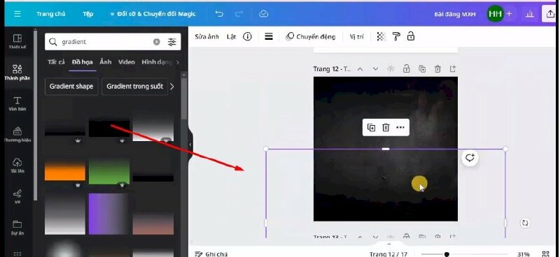 Bước 6: Tiếp tục bấm thêm lớp "Black Gradient Background" vào > kéo xuống phía dưới, điều chỉnh kích thước cho phù hợp sau đó bấm lùi về sau.