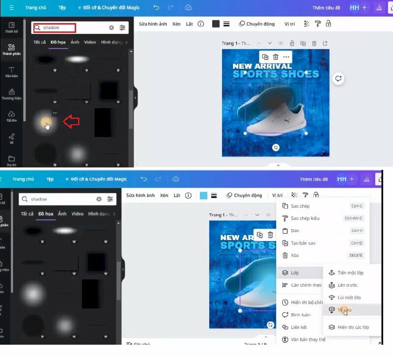 Bước 6: Hãy vào Thành phần và tìm kiếm từ khóa "shadow" > Bấm qua mục đồ họa > Chọn mẫu để thêm vào thiết kế > Thực hiện đổi màu, kéo điều chỉnh kích thước cho phù hợp >  Bấm vào dấu ba chấm > Chọn Lớp > Chọn Lùi về sau.