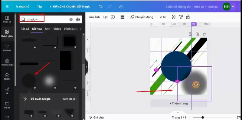 Bước 6: Tiếp theo hãy tìm kiếm từ shadow và đưa hình bóng tròn đen vào thiết kế. 