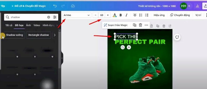 Bước 6: Bấm vào tạo bản sao văn bản > Di chuyển đến vị trí này > Đổi nội dung thực hiện điều chỉnh phông chữ thành phông Arimo, màu chữ và kích thước chữ là 60. 