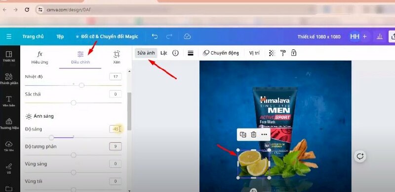 Bước 7: Tiếp chọn ảnh quả chanh, bấm sửa ảnh > bấm qua mục điều chỉnh và thực hiện điều chỉnh ảnh như sau: