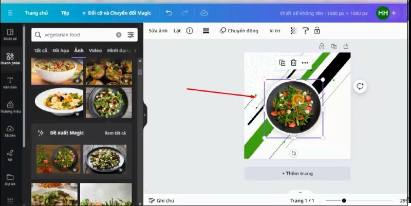 Bước 7: Tiếp theo mình sẽ đưa hình món ăn vào thiết kế và thực hiện  điều chỉnh kích thước và thêm vào giữa thiết kế sao cho phù hợp.