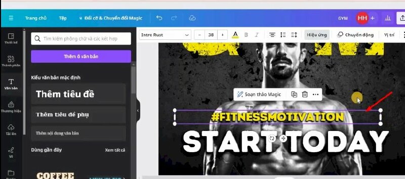 Bước 8: Tiếp đến hãy nhân đôi dòng chữ đó lên, bỏ nhóm, xóa bớt các lớp chữ và đổi lại nội dung #FITNESSMOTIVATION và thực hiện chỉnh kích thước chữ nhỏ xuống 38 > Di chuyển đến vị trí này và đổi màu chữ thành màu vàng #F4F502 > Sau đó bấm nhân đôi lên và thực hiện điều chỉnh bằng với chữ góc bên dưới, thực hiện bấm nhân đôi thêm 2 lần nữa để tạo hiệu ứng đổ bóng đậm hơn cho chữ > Sau đó nhóm chúng lại.