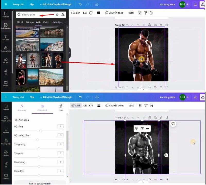 Bước 7: Sau đó hãy vào Thành phần và tìm kiếm từ khóa "Body Builing" > Bấm qua mục ảnh > chọn tấm ảnh này để thêm vào thiết kế > Bấm sửa ảnh > chọn xóa nền > kéo điều chỉnh tấm ảnh to ra > Bấm vào Sửa ảnh > qua mục Điều chỉnh và thực hiện điều chỉnh các thông số như sau: