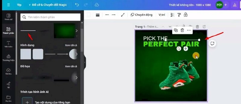 Bước 7: Tiếp theo bấm vào thành phần > Thêm đường kẻ này vào thiết kế > Di chuyển đến vị trí này, và kéo điều chỉnh cho phù hợp.
