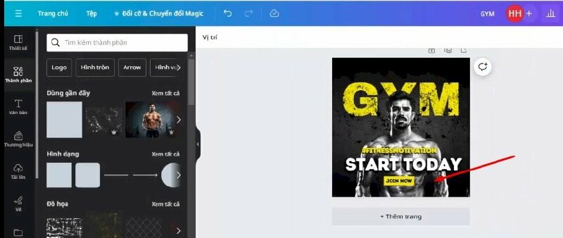 Bước 9: Thực hiện bấm thêm nội dung > Và điều chỉnh phông chữ, kích thước, sau đó di chuyển xuống như thế này. Sau đó bấm vào Thành phần > Bấm thêm hình vuông này vào thiết kế > Kéo thu nhỏ kích thước lại >  Kéo xuống phía dưới này thực hiện điều chỉnh kích thước, màu sắc cho phù hợp để làm nổi bật dòng chữ này. 