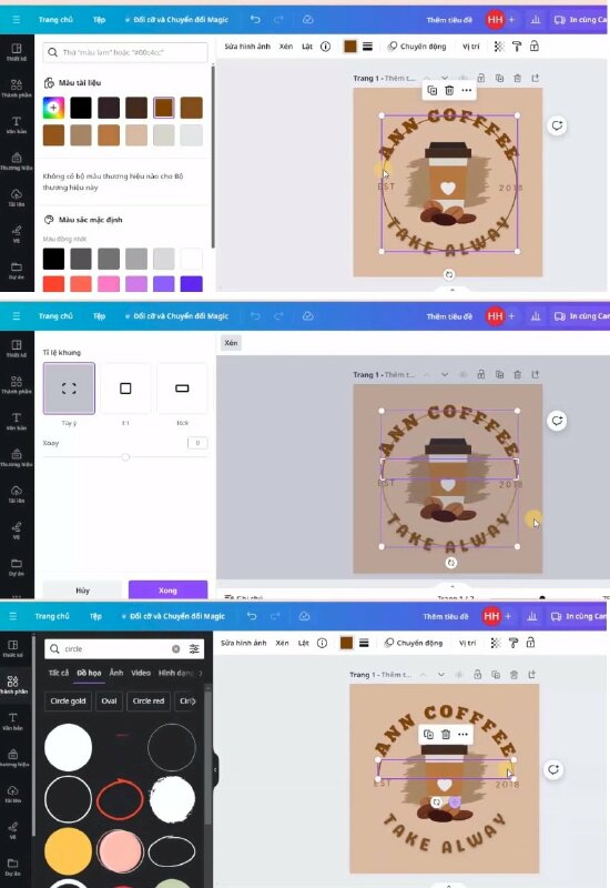 Bước 8: Cuối cùng mình sẽ thêm đường tròn vào logo bằng cách bấm vào thành phần và tìm từ khóa "circle" > Chọn hình tròn này, thực hiện đổi màu và kéo to ra > Mình sẽ nhấn đúp chuột vào đường tròn này và cắt nó.