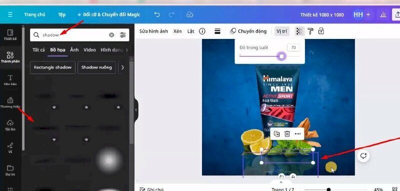 Bước 8: Vào mục Thành phần và tìm từ khóa "shadow" > Bấm qua mục Đồ họa > Chọn mẫu "shadow effect" để thêm vào thiết kế > Kéo điều chỉnh kích thước, vị trí và giảm độ trong suốt. Bấm lùi về sau, rồi thực hiện bấm tạo bản sao và di chuyển qua vị trí này.
