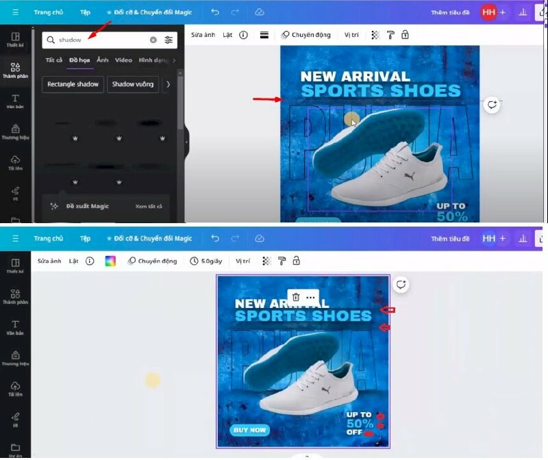Bước 8: Cuối cùng hãy vào Thành phần và tìm kiếm từ khóa "shadow" > Bấm qua mục đồ họa > Chọn mẫu shadow để thêm vào thiết kế > Thực hiện kéo điều chỉnh kích thước lại và di chuyển đến các vị trí để làm nổi bật thiết kế.
