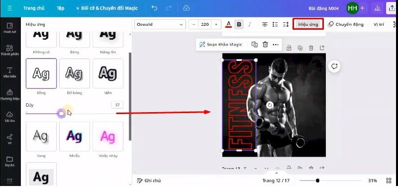 Sau đó bấm vào Hiệu ứng > chọn Rỗng > thực hiện điều chỉnh độ dày 37 